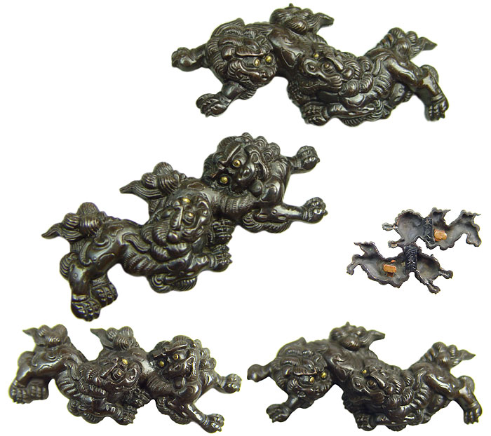 赤銅地親子獅子図目貫