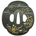赤銅七々子地秋草仙人唐子図鍔-Tsuba-